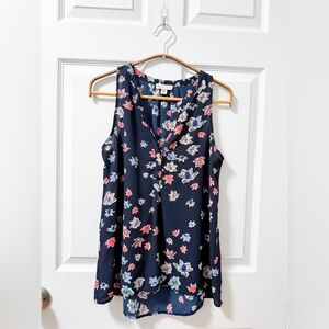 Floral collarless blouse tank top navy blue small preppy business casual